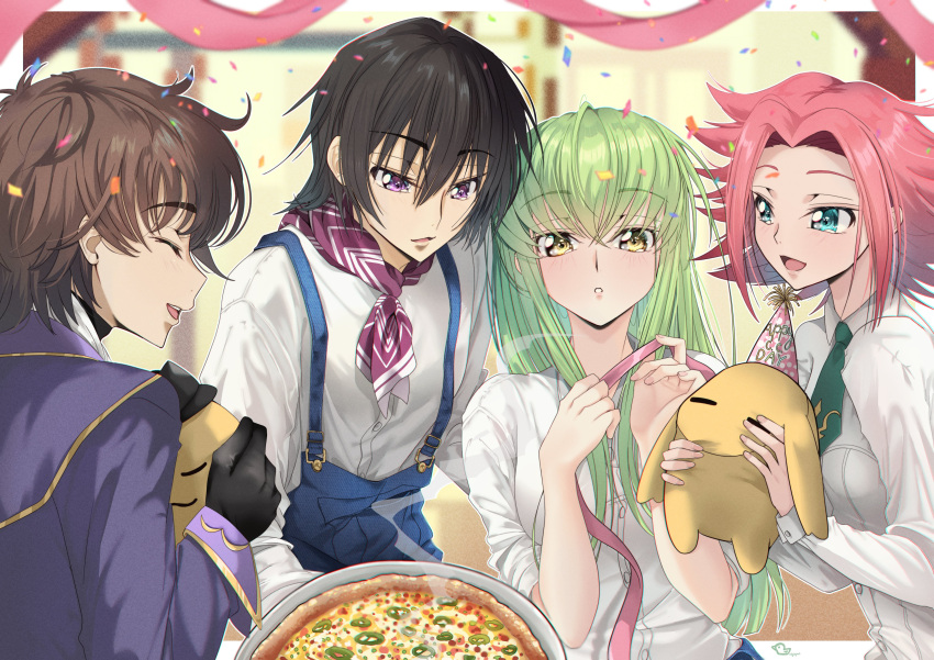 2boys 2girls ^_^ absurdres alternate_costume aqua_eyes black_gloves black_hair blue_overalls blurry blurry_background blush brown_hair budgiepon c.c. c.c._day casual cheese-kun closed_eyes code_geass collared_shirt commentary_request confetti crossed_bangs dress_shirt eyes_visible_through_hair fingernails food gloves green_hair green_necktie hair_between_eyes hands_up happy happy_birthday hat highres holding holding_ribbon holding_stuffed_toy holding_tray indoors kouzuki_kallen kururugi_suzaku lelouch_vi_britannia long_hair long_sleeves looking_at_another looking_at_viewer medium_hair multiple_boys multiple_girls necktie nose open_mouth overalls parted_bangs parted_lips party party_hat pink_hair pink_ribbon pizza profile purple_eyes ribbon shirt short_hair short_necktie sidelocks smile steam straight_hair stuffed_toy tray very_long_hair white_shirt yellow_eyes
