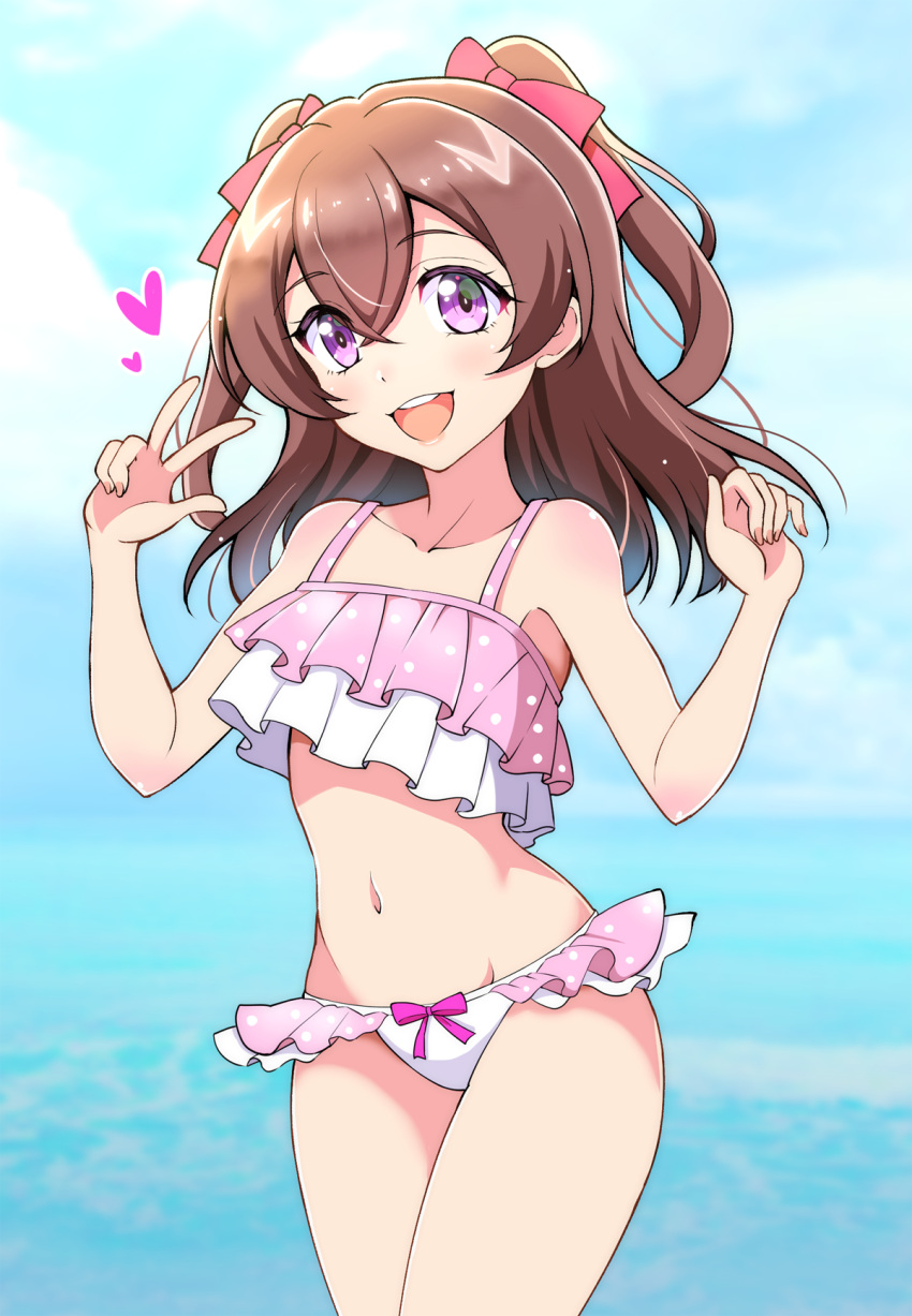 1girl beach bikini blue_sky blush bow bow_bikini brown_hair cloud cloudy_sky collarbone commentary cowboy_shot day delicious_party_precure frilled_bikini frills groin hair_between_eyes hair_bow hair_ribbon highres horizon kaatsu_katsurou looking_at_viewer medium_hair nagomi_yui navel ocean open_mouth outdoors pink_bikini polka_dot polka_dot_bikini precure purple_eyes red_ribbon ribbon sky smile solo standing swimsuit two_side_up v w water