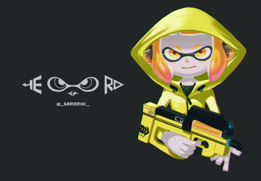 1girl closed_mouth cropped_torso grey_background gun headphones holding holding_gun holding_weapon hood hood_up inkling inkling_girl inkling_player_character looking_at_viewer memi_(gamemix) orange_eyes orange_hair raincoat simple_background solo splatoon_(series) tentacle_hair twitter_username weapon weapon_request yellow_raincoat zipper