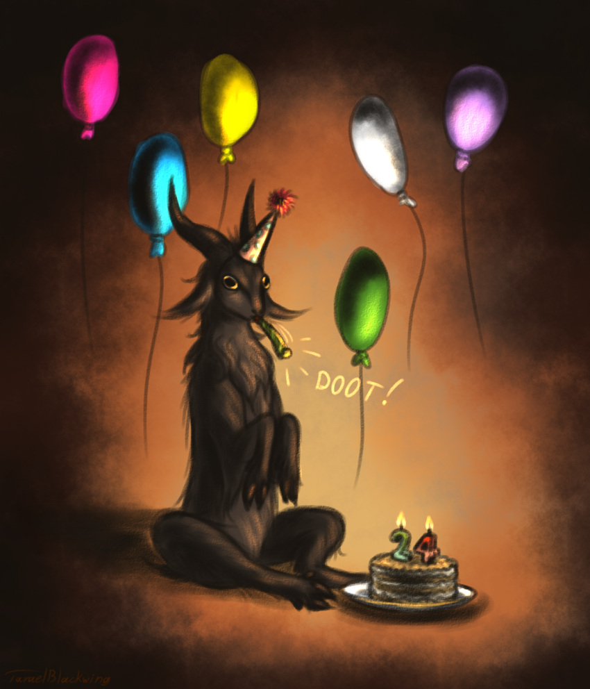 abstract_background ambiguous_gender balloon birthday bovid brown_body brown_fur cake candle caprine clothing dessert feral food fur goat hat headgear headwear hi_res hooves horizontal_pupils horn inflatable mammal morlekh_(taraelblackwing) neck_tuft number_candle party_hat party_horn plate pupils sitting solo taraelblackwing tuft