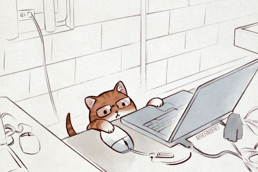 animal_focus artist_name bespectacled brown_cat cat closed_mouth commentary computer electrical_outlet english_commentary glasses indoors laptop mouse_(computer) nana_nakano no_humans original