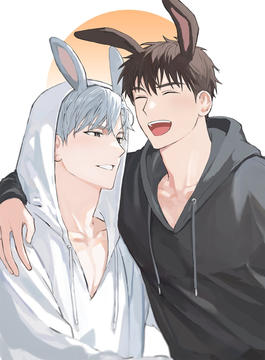 2boys alskatn77 animal_ears black_hoodie brown_hair closed_eyes collarbone highres hood hoodie ilay_riegrow jeong_taeui long_sleeves male_focus multiple_boys open_mouth passion_(manhwa) rabbit_ears single_arm_hug smile teeth upper_body white_background white_hair white_hoodie yaoi