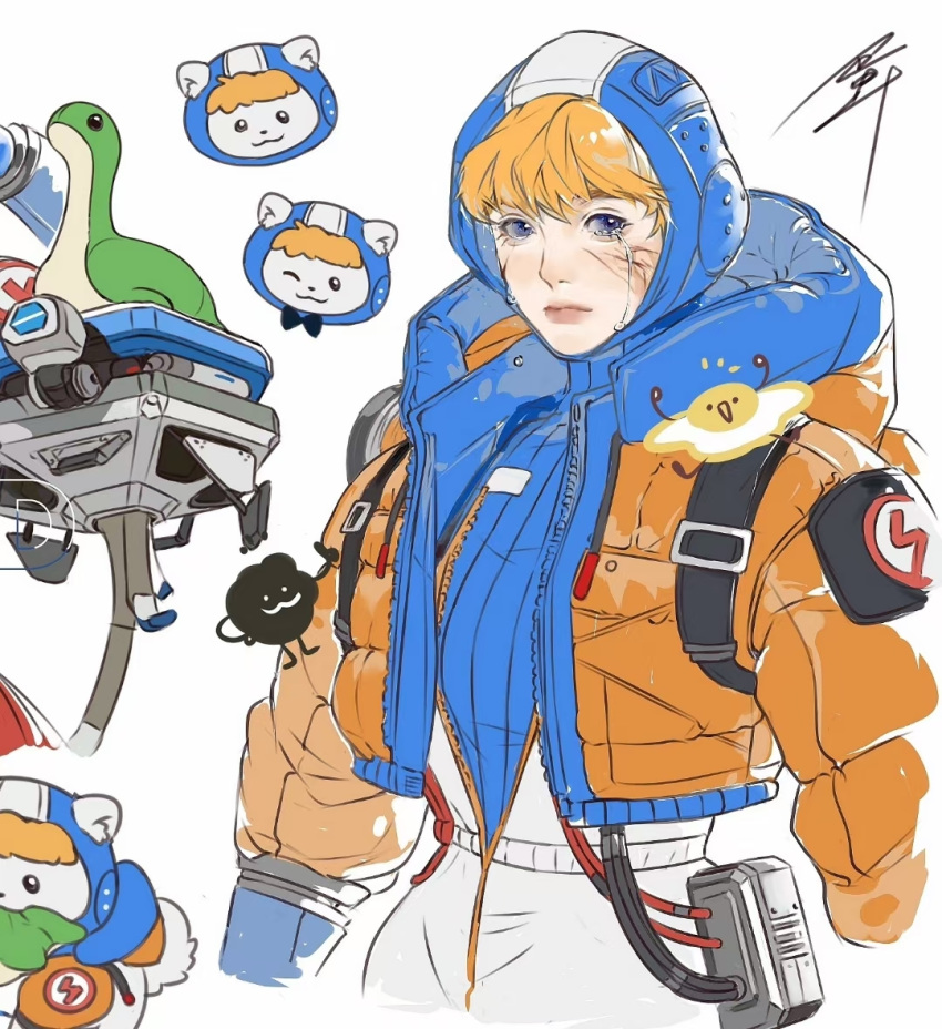 1girl animalization apex_legends blonde_hair blue_bodysuit blue_eyes blue_gloves bodysuit cable d.o.c._health_drone dog gloves hongshao_dan_die hood hooded_bodysuit hooded_jacket jacket lightning_bolt_symbol multiple_views nessie_(respawn) non-humanoid_robot orange_jacket ribbed_bodysuit robot signature stuffed_toy wattson_(apex_legends) white_bodysuit