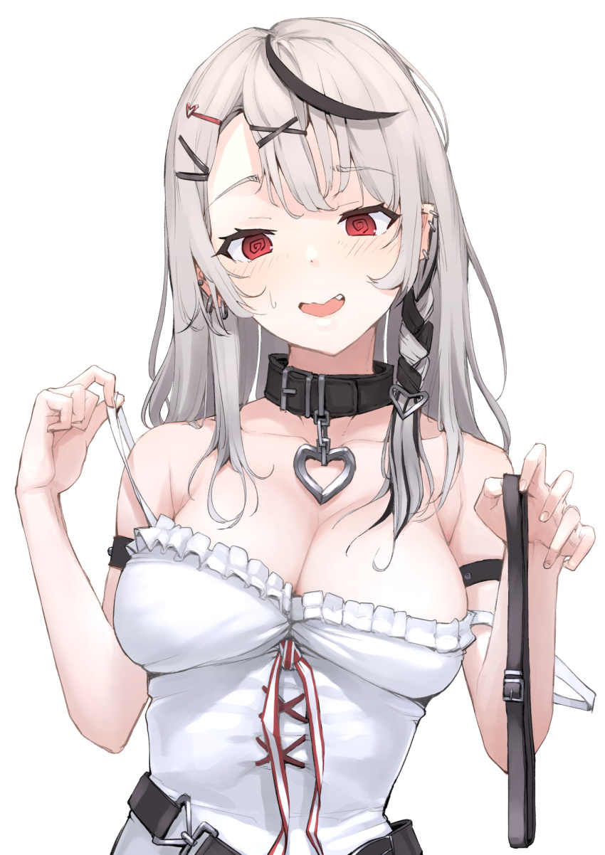 1girl @_@ arm_strap bangs black_collar black_hair blush braid breasts collar ear_piercing fang grey_hair hair_ornament hairclip highres holding_belt hololive large_breasts looking_at_viewer mitsuru_(pixiv_34028718) multicolored_hair open_mouth piercing red_eyes sakamata_chloe shirt simple_background solo strap_slip streaked_hair upper_body virtual_youtuber white_background white_shirt x_hair_ornament