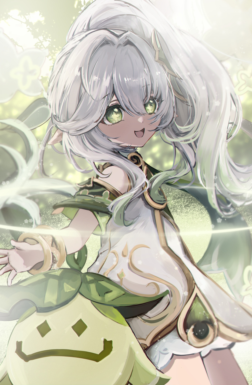 1girl :d absurdres bloomers bright_pupils bush cape child collared_dress colored_tips cross-shaped_pupils detached_sleeves dress floating_cape floating_hair forest from_side genshin_impact gold_bracelet green_cape green_eyes grey_hair hair_between_eyes hair_intakes hair_ornament highres leaf_hair_ornament light_particles light_rays looking_at_viewer multicolored_hair nahida_(genshin_impact) nature onmoynn outdoors outstretched_arm pointy_ears short_sleeves side_ponytail sidelocks single_detached_sleeve slime_(genshin_impact) smile streaked_hair sunbeam sunlight symbol-shaped_pupils white_bloomers white_dress white_pupils