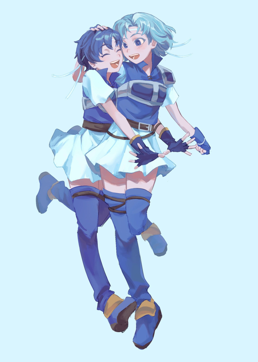 2girls :d armor babykatafan belt blue_background blue_eyes blue_footwear blue_gloves blue_hair boots breastplate brown_belt closed_eyes dress english_commentary fingerless_gloves fire_emblem fire_emblem:_the_binding_blade full_body gloves hand_on_another's_head headband highres hug looking_at_another multiple_girls open_mouth pegasus_knight_uniform_(fire_emblem) shanna_(fire_emblem) short_hair short_sleeves siblings sisters smile teeth thea_(fire_emblem) thigh_boots white_dress white_headband