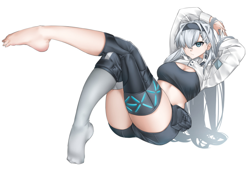 1girl absurdres animal_ears arknights arms_up aurora_(arknights) bear_ears black_hairband black_shirt black_shorts blue_eyes breasts casperrin cleavage commentary crop_top grey_thighhighs hairband highres infection_monitor_(arknights) long_hair long_sleeves midriff shirt short_shorts shorts shrug_(clothing) simple_background single_thighhigh sitting solo stomach thighhighs thighs very_long_hair white_background white_hair