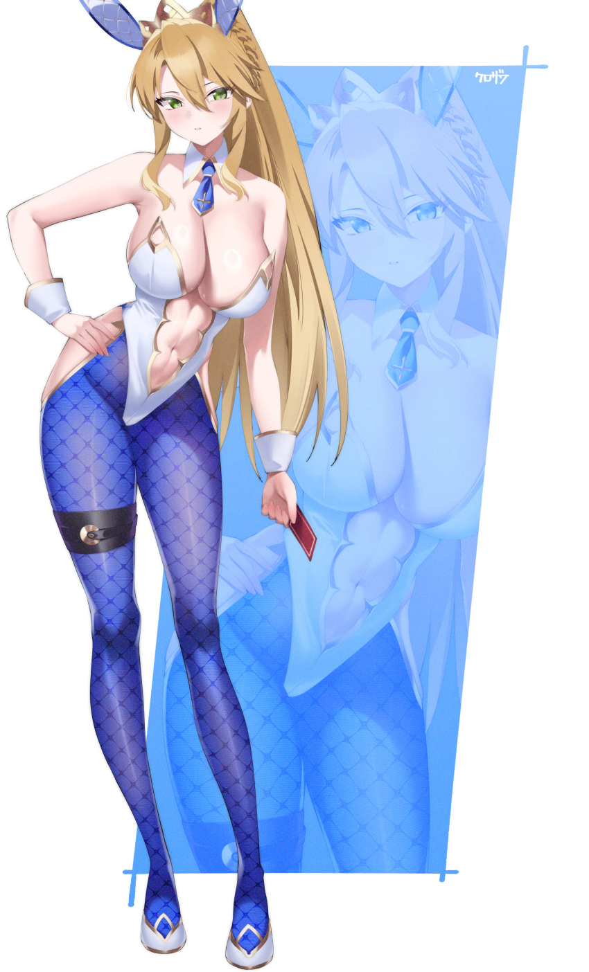 1girl absurdres adapted_costume ahoge animal_ears artoria_pendragon_(fate) artoria_pendragon_(swimsuit_ruler)_(fate) bare_shoulders blonde_hair blue_pantyhose blush braid breasts card center_opening cleavage detached_collar fate/grand_order fate_(series) fishnet_pantyhose fishnets french_braid full_body green_eyes hair_between_eyes high_heels highleg highleg_leotard highres hip_vent kurozawa_yui large_breasts leotard long_hair looking_at_viewer multiple_views navel necktie pantyhose playboy_bunny playing_card ponytail rabbit_ears sidelocks tiara white_leotard wrist_cuffs