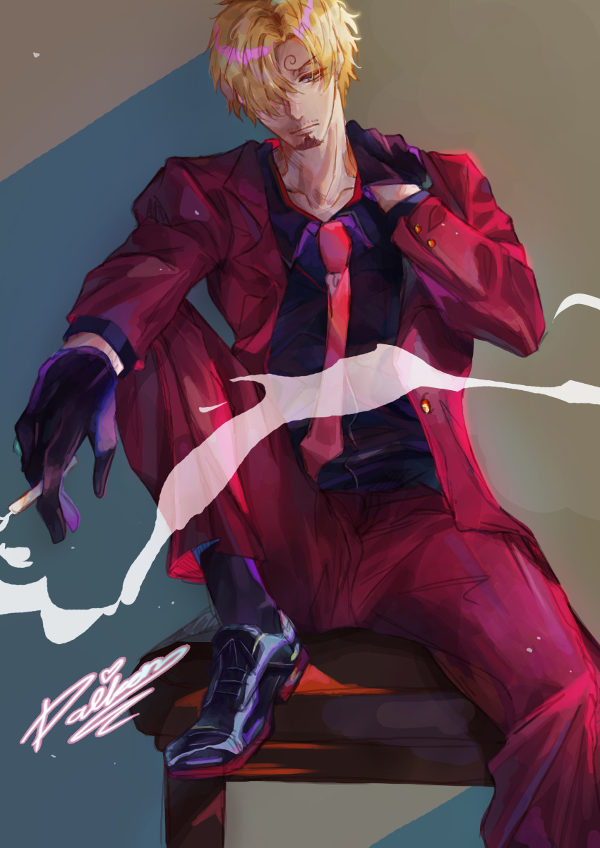 1boy absurdres black_footwear black_gloves black_shirt blonde_hair burgundy_jacket burgundy_pants cigarette closed_mouth commentary_request curly_eyebrows daikon_illustrations facial_hair gloves goatee highres long_sleeves male_focus mustache necktie on_chair one_piece pants red_necktie sanji_(one_piece) shirt short_hair sitting smoke solo suit