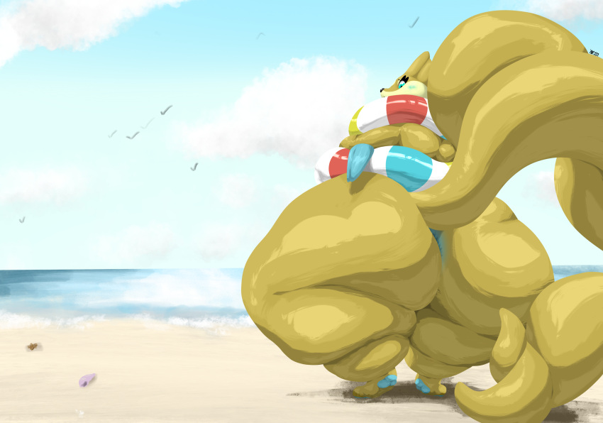 absurd_res anthro anus beach big_butt blush butt digital_media_(artwork) female floatzel flotation_device fur generation_4_pokemon hi_res huge_butt mop_(artist) nintendo nude overweight overweight_anthro pawpads paws pokemon pokemon_(species) solo tail thick_thighs