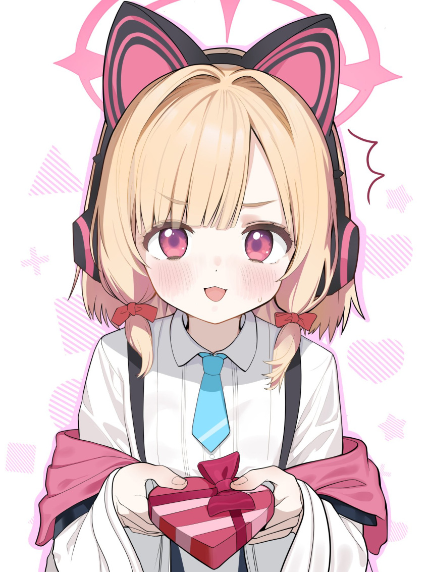 1girl ^^^ animal_ear_headphones animal_ears blonde_hair blue_archive blue_necktie blush bow box cat_ear_headphones chestnut_mouth collared_shirt drop_shadow fake_animal_ears giving hair_bow halo headphones heart-shaped_box highres jacket long_sleeves looking_at_viewer low-tied_sidelocks momoi_(blue_archive) necktie off_shoulder open_mouth p-gnesium pink_eyes pink_halo pink_jacket red_bow second-party_source shirt short_hair smile solo suspenders two-sided_fabric two-sided_jacket upper_body white_jacket white_shirt