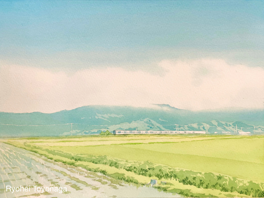 absurdres blue_sky cloud cloudy_sky day farm field highres mountain mountainous_horizon no_humans original plant power_lines rural scenery sky toyonaga_ryouhei train utility_pole