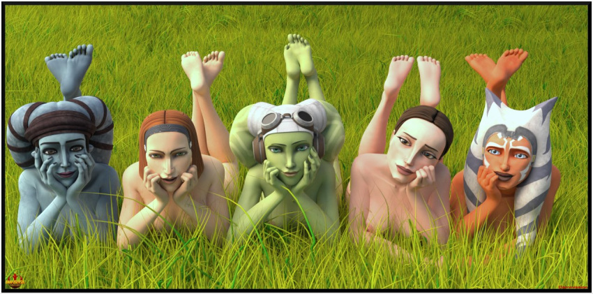 aayla_secura ahsoka_tano alien barefoot blue_body blue_eyes blue_skin bo-katan_kryze feet female grass group hera_syndulla human lekku_grab lips mammal nude on_ground padme_amidala plant ssevisx star_wars star_wars:_the_clone_wars star_wars_rebels toes togruta twi'lek