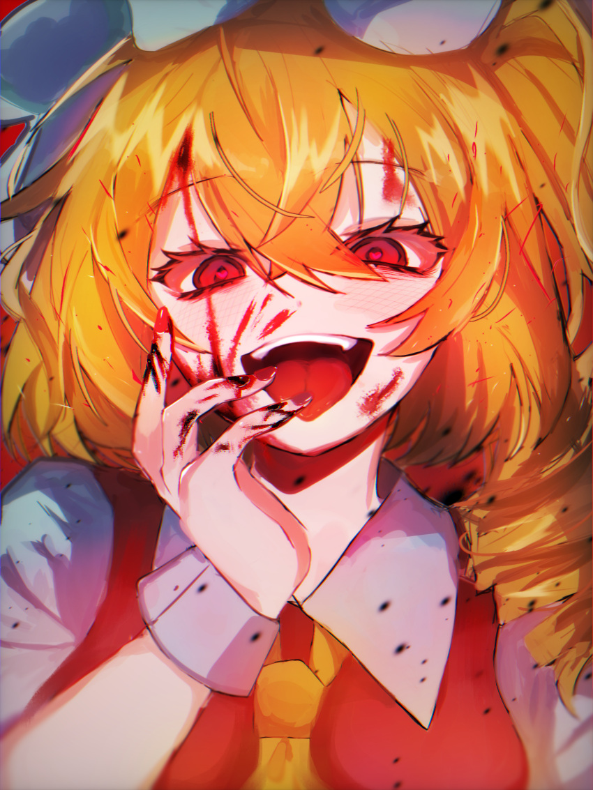 1girl absurdres blonde_hair blood blood_in_hair blood_on_face blood_on_hands blush close-up commentary crazy_smile crossed_bangs eyes_visible_through_hair fingernails flandre_scarlet hair_between_eyes hand_on_own_face hand_up heart heart-shaped_pupils highres looking_at_viewer medium_hair open_mouth red_eyes smile solo symbol-shaped_pupils teeth tongue tongue_out touhou upper_body upper_teeth_only uun-un-un_(user_eryy8424) wrist_cuffs yandere