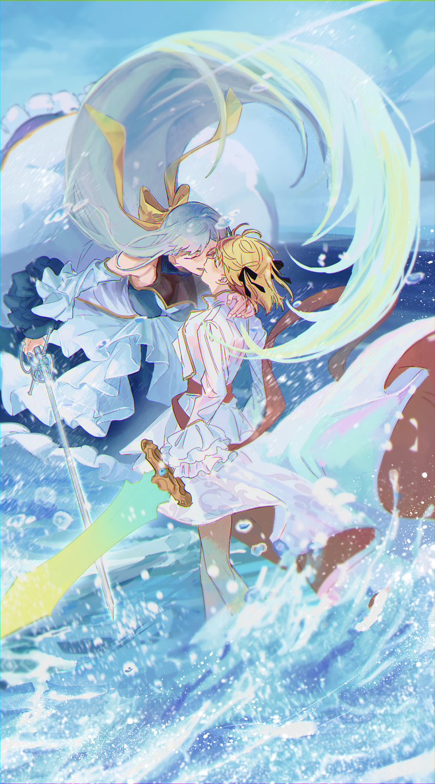 2girls absurdres anisphia_wynn_palettia black_ribbon blonde_hair blue_hair closed_eyes commentary_request day dress euphyllia_magenta hair_ribbon highres holding holding_sword holding_weapon kiss koyomania long_hair multiple_girls ocean outdoors ribbon short_hair smile sword tensei_oujo_to_tensai_reijou_no_mahou_kakumei very_long_hair water weapon white_dress yellow_ribbon yuri