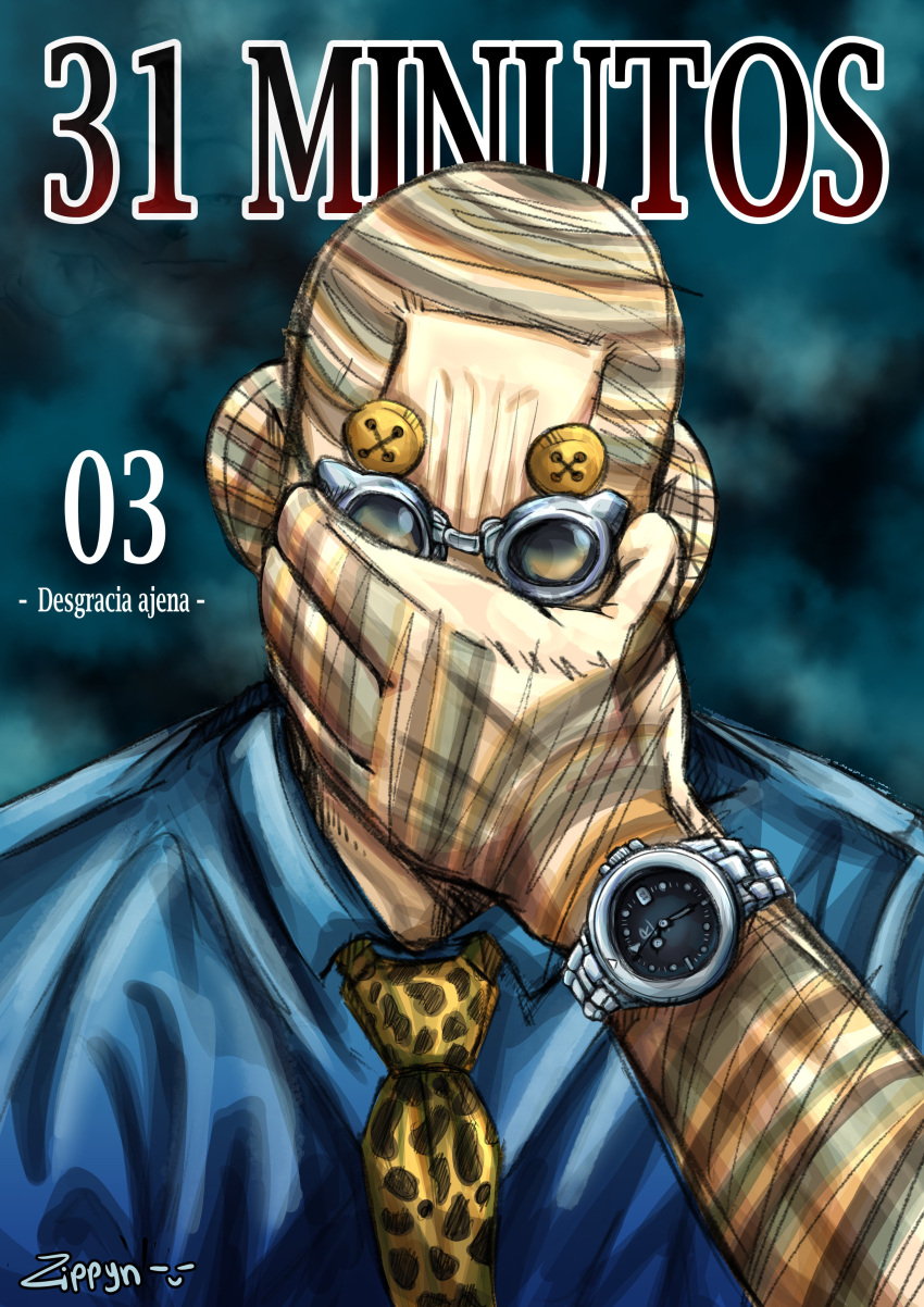 1boy 31_minutos absurdres adjusting_eyewear animal_print blue_background blue_shirt button_eyes buttons collared_shirt cover goggles green-tinted_eyewear highres jujutsu_kaisen leopard_print looking_at_viewer nanami_kento necktie parody shirt signature sleeves_rolled_up solo tinted_eyewear trait_connection tulio_trivino upper_body watch yellow_eyes yellow_necktie zippynwave