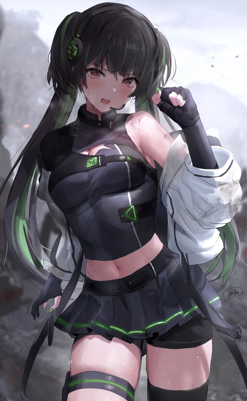 1girl :o absurdres asymmetrical_clothes asymmetrical_legwear bike_shorts bike_shorts_under_skirt black_gloves black_hair black_shirt black_shorts black_skirt blush breasts commentary fingernails gloves green_hair headset highres idolmaster idolmaster_shiny_colors jacket jacket_partially_removed long_hair looking_at_viewer mayuzumi_fuyuko medium_breasts midriff miniskirt multicolored_hair nail_polish navel outdoors partially_fingerless_gloves pleated_skirt powder_is_kona shirt shorts signature single_bare_shoulder skirt solo streaked_hair twintails two-tone_hair very_long_hair white_jacket