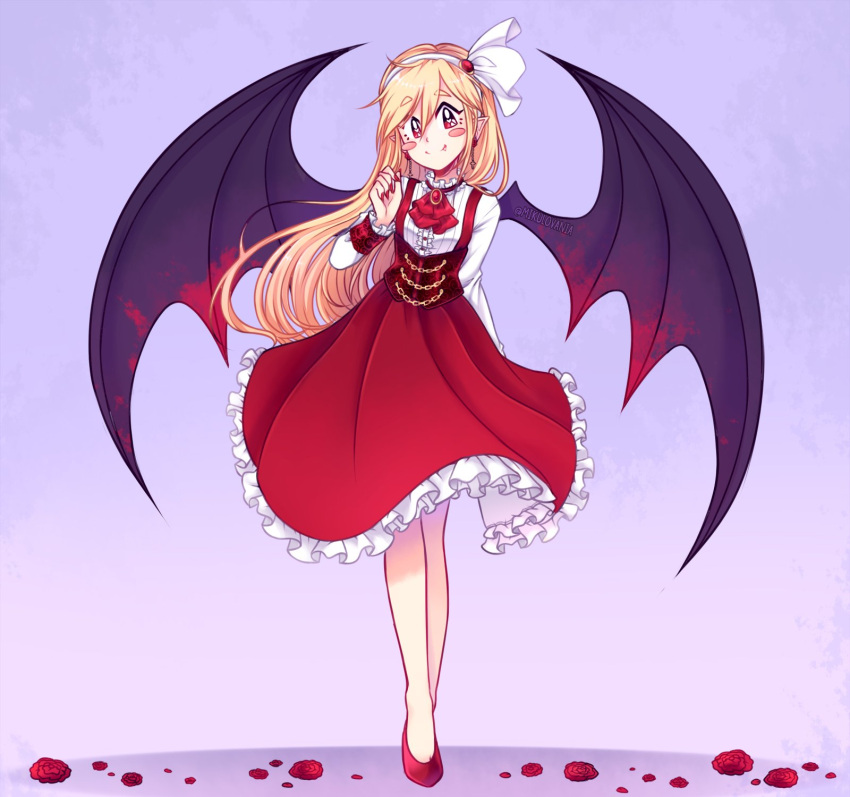 1girl ascot bare_legs bat_wings black_wings blonde_hair blush breasts brooch closed_mouth corset dreamysuite fang fingernails frilled_sleeves frills full_body hair_ribbon hairband happy highres jewelry kurumi_(touhou) leaning_forward long_hair looking_at_viewer nail_polish red_ascot red_eyes red_footwear red_nails red_skirt ribbon shirt skirt small_breasts smile solo suspender_skirt suspenders touhou touhou_(pc-98) very_long_hair white_hairband white_ribbon white_shirt wings