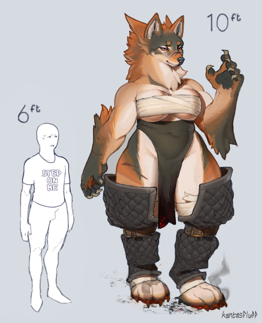 anthro black_body black_fur bottomwear breasts canid canine canis chest_wraps clothed clothing duo female fur hi_res human kantasfluff larger_female loincloth male mammal muscular orange_body orange_fur size_difference skimpy thick_thighs wolf wraps