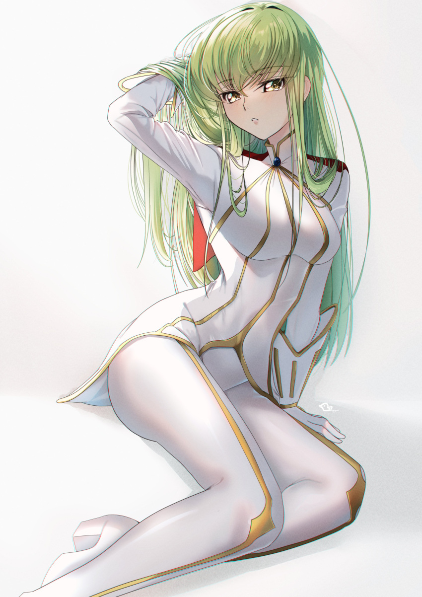 1girl absurdres adjusting_hair alternate_costume arm_support arm_up blush breasts budgiepon c.c. c.c._day code_geass commentary crossed_bangs curvy eyes_visible_through_hair foot_out_of_frame gloves green_hair hair_between_eyes hair_over_shoulder high_heels highres jacket lips long_hair looking_at_viewer medium_breasts nose pants parted_lips sidelocks simple_background sitting solo straight_hair tsurime very_long_hair white_background white_footwear white_gloves white_jacket white_pants yellow_eyes yokozuwari