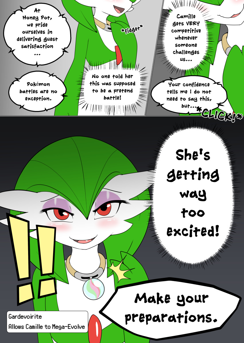 absurd_res camille_(vulapa) clothed clothing comic dialogue english_text female gardevoir gardevoirite generation_3_pokemon green_body green_hair green_skin hair hi_res imminent_battle looking_at_viewer nintendo pokemon pokemon_(species) smile talking_to_viewer text vulapa