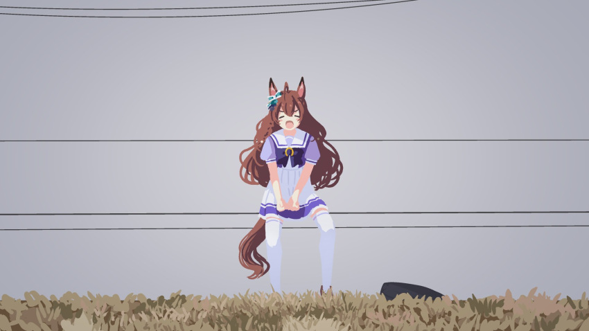 1girl =_= ahoge animal_ears blush braid brown_hair closed_eyes grass grey_background hair_ornament highres horse_ears horse_girl horse_tail kashinoki_(koaaski) mejiro_bright_(umamusume) open_mouth school_uniform screaming side_braid simple_background solo standing tail thighhighs tire tracen_school_uniform umamusume