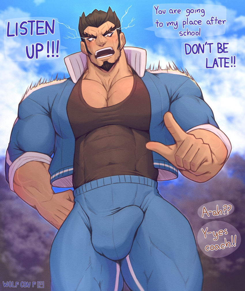 1boy abs artist_name bara beard black_hair blue_sky blurry blurry_background blush bulge cloud cloudy_sky danganronpa_(series) danganronpa_2:_goodbye_despair english_text f_con facial_hair forest highres jacket large_pectorals looking_at_viewer male_focus manly mature_male muscular muscular_male nature nidai_nekomaru pants pectorals pointing pointing_at_viewer short_hair signature sky speech_bubble spiked_hair talking tank_top thick_arms thick_eyebrows thick_thighs thighs thunder track_pants veins