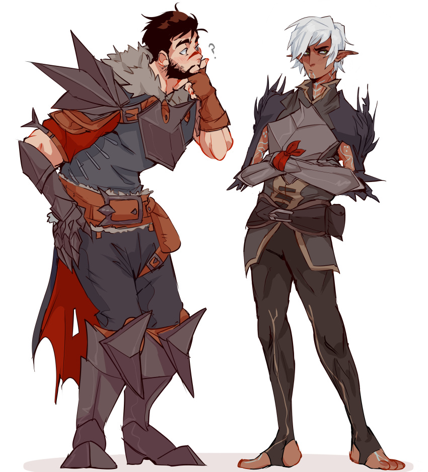 2boys ? absurdres armor beard black_hair crossed_arms dark-skinned_male dark_skin dragon_age dragon_age_2 elf facial_hair facial_mark fenris_(dragon_age_2) full_beard full_body fur-trimmed_armor fur_trim garrett_hawke green_eyes hand_on_own_chin highres looking_at_another looking_to_the_side lunehowls male_focus mature_male multiple_boys neck_tattoo pointy_ears short_hair shoulder_tattoo simple_background tattoo white_background white_hair