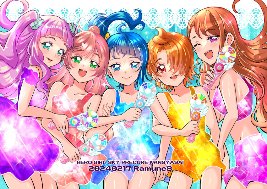 blue_hair brown_hair cure_butterfly cure_majesty cure_prism cure_sky cure_wing highres hijiri_ageha hirogaru_sky!_precure multiple_girls orange_hair pink_hair precure purple_hair ramune02 sora_harewataru underwear