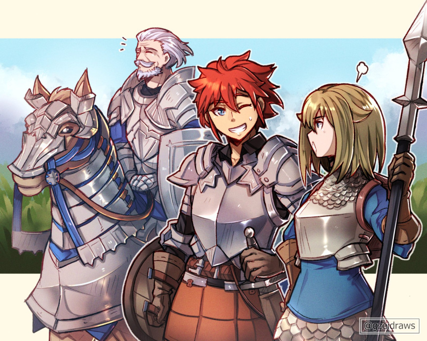 1boy 1girl armor artist_name beard blue_eyes blue_sky breastplate brown_gloves brown_hair character_request chloe_(unicorn_overlord) closed_eyes commentary english_commentary facial_hair gender_request gloves gzei hand_on_own_hip highres holding holding_polearm holding_shield holding_weapon horse josef_(unicorn_overlord) letterboxed medium_hair mustache notice_lines one_eye_closed open_mouth outdoors polearm puff_of_air red_hair scale_armor sheath sheathed shield short_hair sky smile spear sweat sword teeth unicorn_overlord weapon white_hair