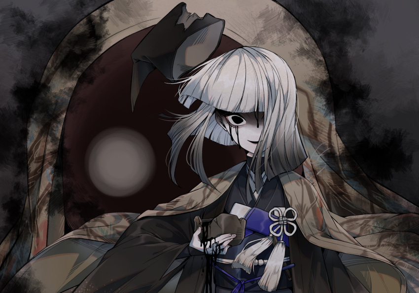 1girl black_blood black_eyes bleeding bleeding_from_forehead blood blood_from_eyes broken_cup chajinbou cup fate/grand_order fate_(series) ghost gradient_hair grey_hair gs999000 hat highres holding holding_cup japanese_clothes kimono looking_at_viewer medium_hair multicolored_hair parted_lips sanpaku sen_no_rikyu_(fate) smile solo tassel two-tone_hair upper_body white_hair wind