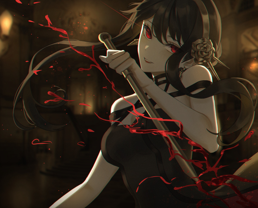 1girl bare_shoulders black_dress black_hair blood blood_spray boori988 breasts dagger dress floating_hair hairband hand_up highres holding holding_dagger holding_knife holding_weapon knife long_hair looking_at_viewer medium_breasts motion_lines open_mouth parted_lips red_eyes sidelocks smile solo spy_x_family upper_body weapon yor_briar