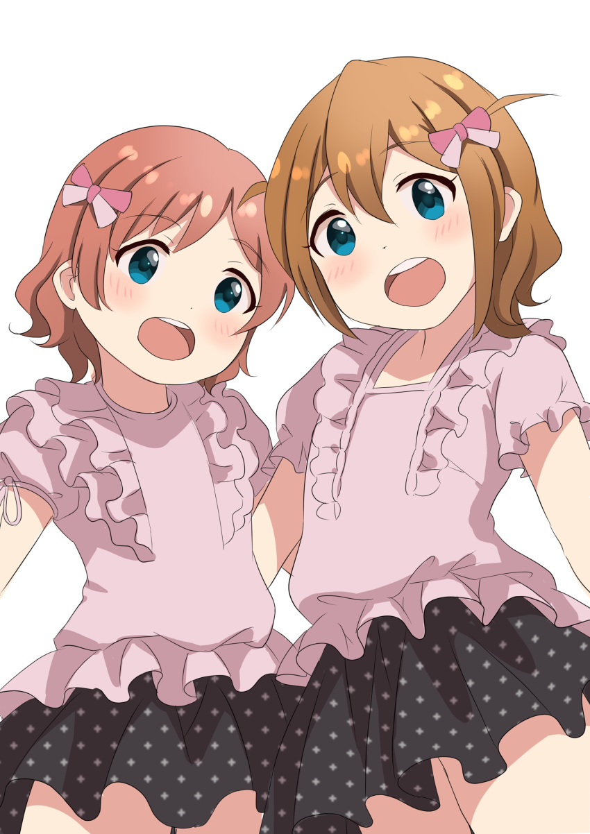 2girls absurdres aged_down aqua_eyes baba_konomi black_skirt blush bow brown_hair commentary cowboy_shot dot_nose flat_chest frilled_shirt frills hair_between_eyes hair_bow highres idolmaster idolmaster_million_live! idolmaster_million_live!_theater_days looking_at_viewer miniskirt multiple_girls open_mouth pink_bow pink_hair pink_shirt print_skirt puffy_short_sleeves puffy_sleeves shirt short_hair short_sleeves siblings side_ahoge sidelocks sisters skirt smile teeth thighs upper_teeth_only wavy_hair white_background yukiho_kotori yukipo_p_(ss900yellowducati)