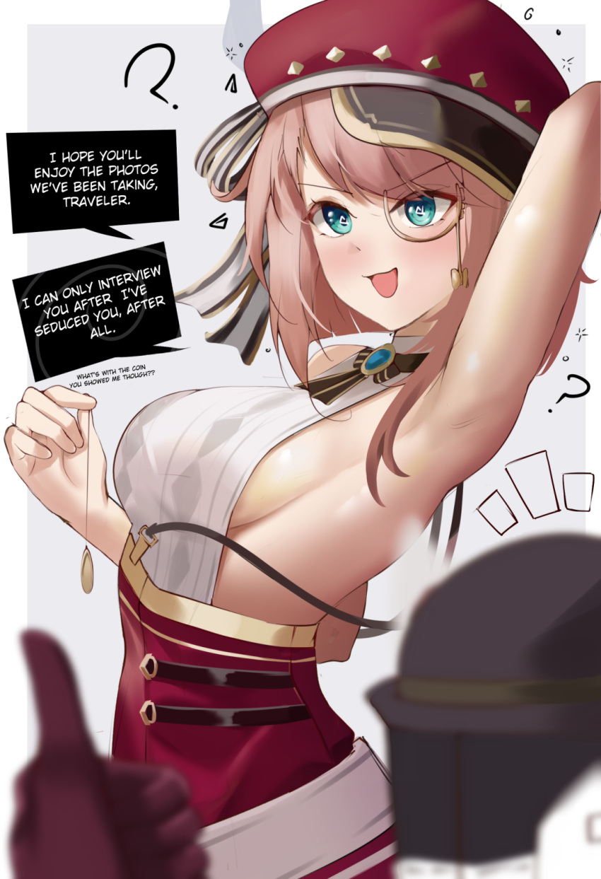 1boy 1girl ? aether_(genshin_impact) aqua_eyes arm_up armpits backless_shirt bare_shoulders belt black_gloves blush breasts brooch cabbie_hat charlotte_(genshin_impact) commentary_request eroborne genshin_impact gloves hat highres jewelry large_breasts looking_at_viewer monocle pink_hair red_hat red_skirt shirt short_hair sideboob skirt speech_bubble suspender_skirt suspenders thumbs_up v-shaped_eyebrows white_belt white_shirt