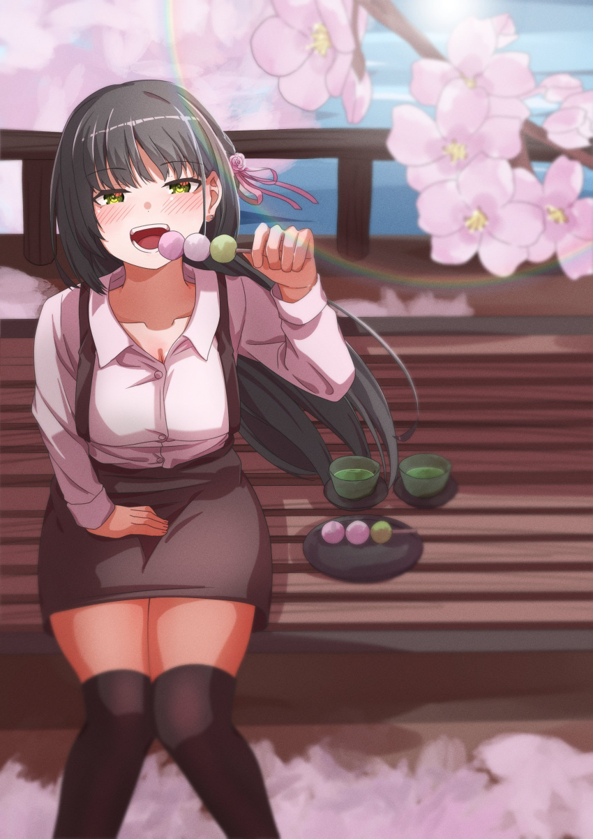 1girl :d absurdres bench black_hair black_thighhighs blurry blush brown_skirt cafe_stella_to_shinigami_no_chou cherry_blossoms collared_shirt commentary_request cup dango day depth_of_field dress_shirt earrings feet_out_of_frame flower food from_above green_tea hair_between_eyes hair_flower hair_ornament hair_ribbon hanami hand_up happy haribo_no_suke high-waist_skirt highres holding holding_food jewelry knees_together_feet_apart lens_flare long_hair long_sleeves looking_at_viewer looking_up mole mole_under_eye on_bench open_mouth outdoors park_bench pencil_skirt pink_flower pink_ribbon pink_rose ribbon rose sanshoku_dango shiki_natsume shirt sitting skirt smile solo spring_(season) straight_hair stud_earrings suspender_skirt suspenders tea teeth thighhighs very_long_hair wagashi white_shirt wind yellow_eyes zettai_ryouiki