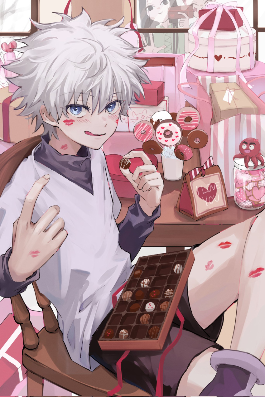 3boys bag black_shorts blue_eyes blush box box_of_chocolates child chocolate cowboy_shot crossed_legs doughnut food from_side gift gift_box hand_up highres hisoka_morow holding holding_chocolate holding_food hunter_x_hunter illumi_zoldyck index_finger_raised indoors jar killua_zoldyck layered_sleeves licking_lips light_smile lipstick_mark lipstick_mark_on_face lipstick_mark_on_hand lipstick_mark_on_leg lipstick_mark_on_neck looking_at_viewer male_focus multiple_boys ne_a2 on_chair paper_bag pointing pointing_at_self purple_shirt red_ribbon ribbon shirt short_hair shorts sitting solo_focus table tongue tongue_out white_hair white_shirt window