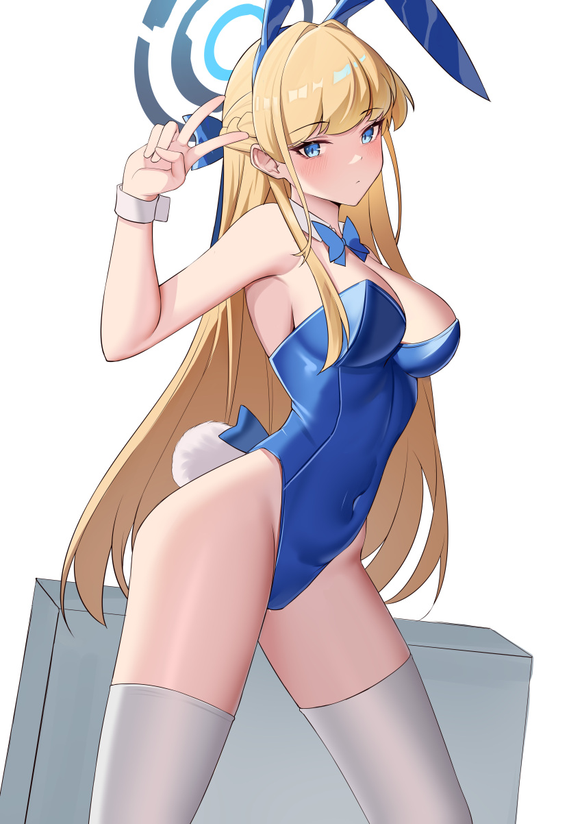 1girl absurdres animal_ears blonde_hair blue_archive blue_eyes blue_hairband blue_halo blue_leotard briefcase covered_navel detached_collar expressionless fake_animal_ears fake_tail hairband halo hand_up highleg highleg_leotard highres lahz52 leotard looking_at_viewer official_alternate_costume playboy_bunny rabbit_ears rabbit_tail strapless strapless_leotard tail toki_(blue_archive) toki_(bunny)_(blue_archive) v white_background white_wrist_cuffs wrist_cuffs