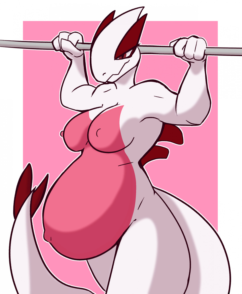 2023 4_fingers anthro anthrofied breasts colored digital_media_(artwork) dima_(artist) female fingers generation_2_pokemon geometric_background hi_res holding_bar legendary_pokemon lugia medium_breasts navel nintendo outie_navel pink_body pokemon pokemon_(species) portrait pregnant pull_up_bar raised_arms red_eyes shaded shiny_pokemon simple_background solo three-quarter_portrait white_body