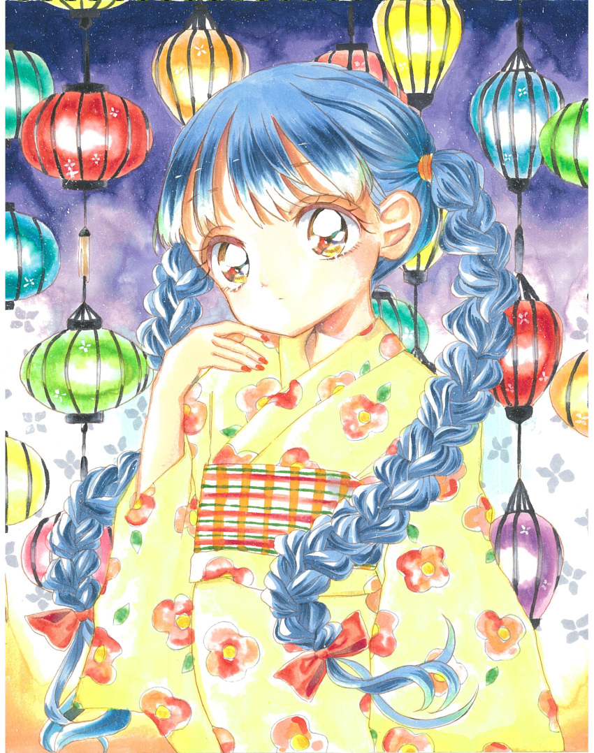 1girl absurdres blue_hair bow braid e_rhn001 expressionless floral_print floral_print_kimono hair_bow hand_up highres japanese_clothes kimono lantern looking_at_viewer marker_(medium) obi original print_kimono red_bow red_nails sash solo traditional_media twin_braids twintails upper_body yellow_kimono yukata