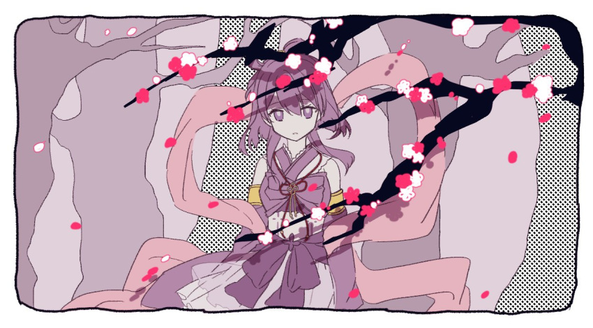 1girl aika_himena bangs border bow bow-shaped_hair branch cherry_blossoms colored_skin cowboy_shot crop_top detached_sleeves falling_petals flower frilled_shirt frilled_skirt frills hagoromo hair_between_eyes halftone halftone_background limited_palette looking_at_viewer magia_record:_mahou_shoujo_madoka_magica_gaiden magical_girl mahou_shoujo_madoka_magica medium_hair parted_lips petals pink_flower pink_shawl purple_bow purple_eyes purple_hair purple_shirt purple_sleeves red_ribbon ribbon shawl shirt skirt sleeveless solo stomach_tattoo tattoo tree waist_bow white_flower white_skin yongju