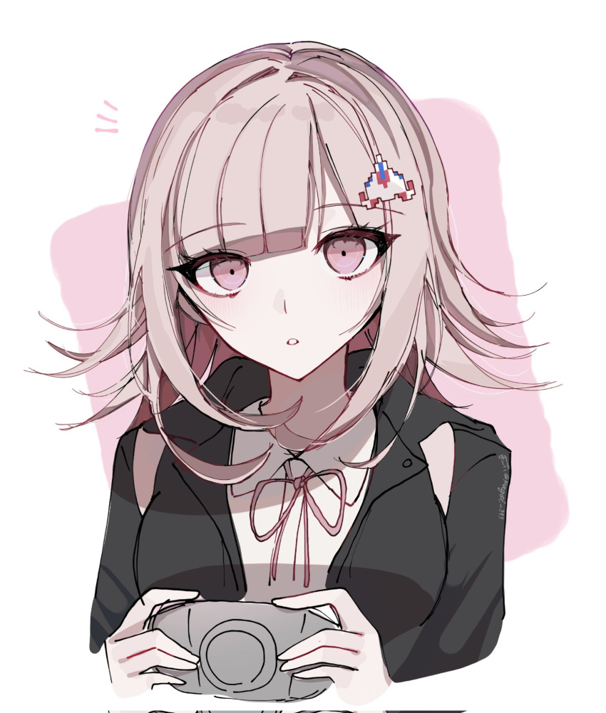 1girl :o black_jacket breasts brown_hair collared_shirt cropped_torso danganronpa_(series) danganronpa_2:_goodbye_despair flipped_hair galaga hair_ornament handheld_game_console highres higoi_343 holding holding_handheld_game_console hood jacket long_sleeves looking_at_viewer medium_hair nanami_chiaki neck_ribbon open_clothes open_jacket pink_eyes pink_ribbon ribbon shirt solo teeth white_shirt