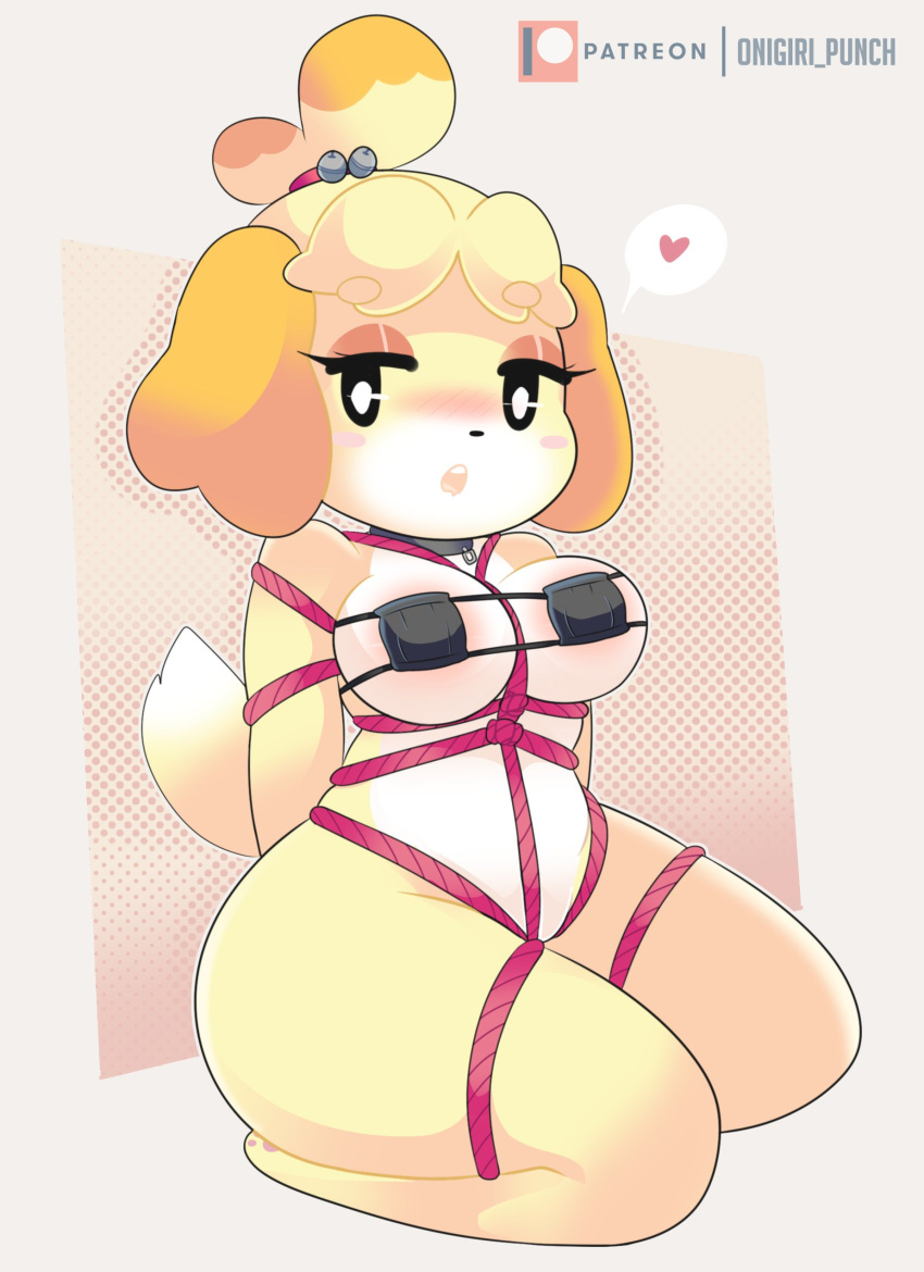 &lt;3 absurd_res accessory animal_crossing anthro areola bdsm bell big_breasts bikini blonde_hair blush bondage bound breasts canid canine canis cleavage clothed clothing collar digital_media_(artwork) domestic_dog eyelashes eyeshadow female fur hair hair_accessory hair_bell hands_behind_back hi_res isabelle_(animal_crossing) kneeling makeup mammal micro_bikini nintendo nipple_outline onigiri_punch open_mouth restraints rope rope_bondage shih_tzu simple_background skimpy solo submissive swimwear teeth thick_thighs tongue toy_dog video_games yellow_body yellow_fur