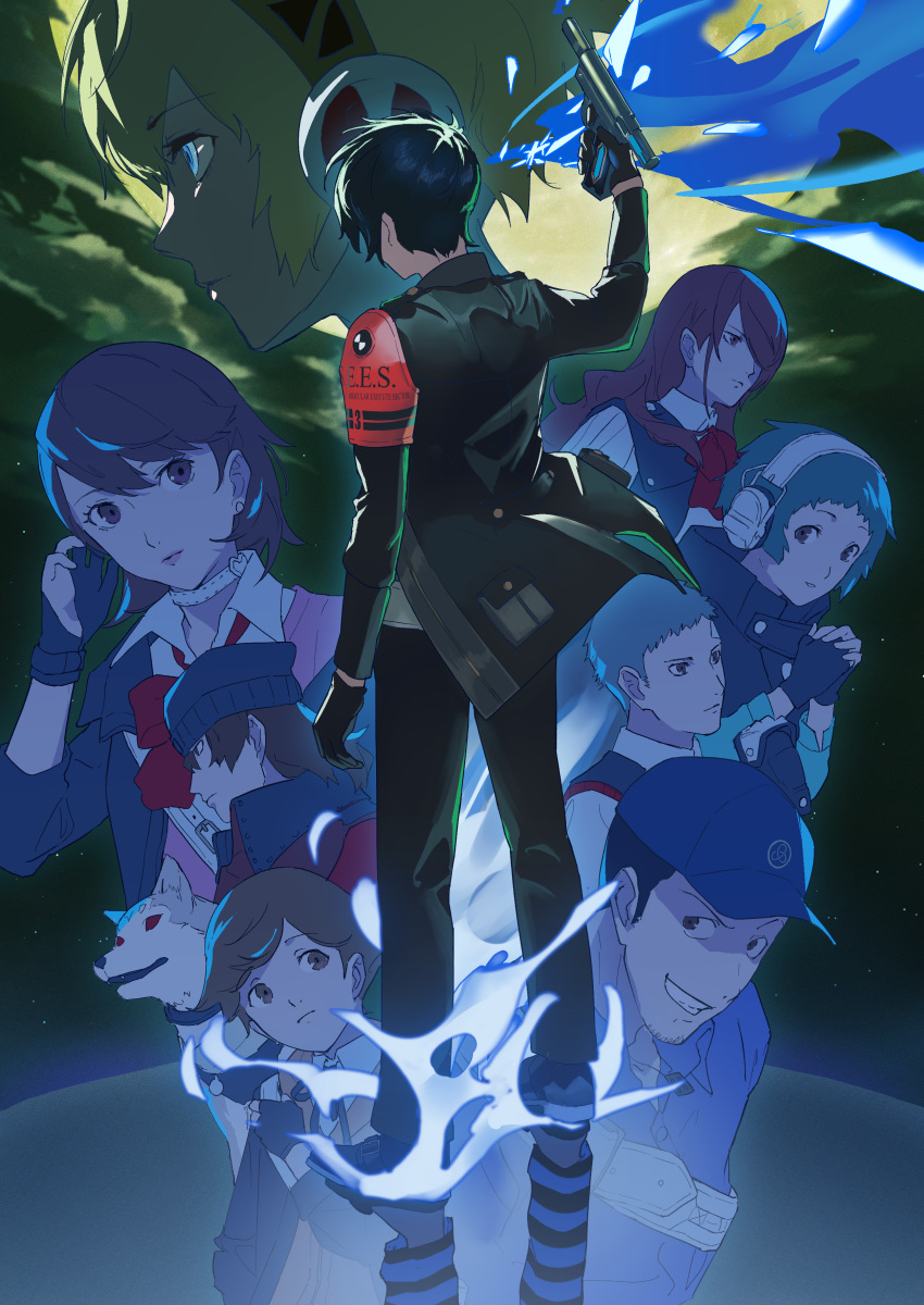 4girls 5boys 6o2_(rokumaruni) absurdres aegis_(persona) amada_ken android animal aqua_hair aragaki_shinjirou arm_up armband baseball_bat beanie black_gloves black_hair black_jacket blonde_hair blue_eyes blue_hair blue_shirt bow bowtie brown_hair cardigan choker closed_mouth cloud cloudy_sky collared_shirt commentary_request dark_blue_hair dog evoker fingerless_gloves from_behind gekkoukan_high_school_uniform gloves green_sky grey_hair grin gun hat headphones highres holding holding_gun holding_weapon iori_junpei jacket kirijou_mitsuru koromaru_(persona) long_hair long_sleeves multiple_boys multiple_girls open_clothes open_jacket parted_lips partially_fingerless_gloves persona persona_3 persona_3_reload pink_cardigan red_armband red_bow red_bowtie red_hair robot_ears sanada_akihiko school_uniform shirt short_hair sky smile standing takeba_yukari upper_body weapon white_choker white_shirt yamagishi_fuuka yuuki_makoto_(persona_3)