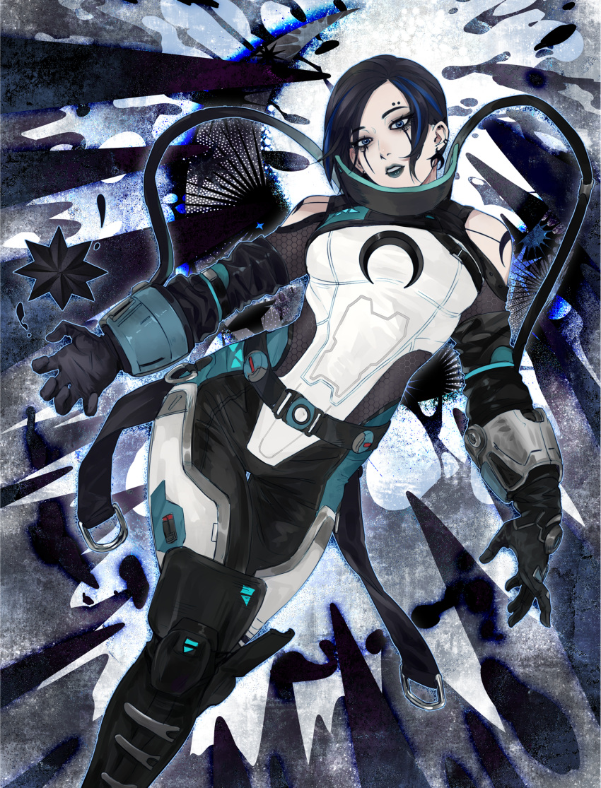 1girl absurdres apex_legends black_footwear black_gloves black_hair bodysuit boots breasts cable catalyst_(apex_legends) chinese_commentary crescent crescent_earrings dabao_nugong earrings gloves hair_behind_ear head_tilt highres jewelry knee_boots liquid looking_at_viewer medium_breasts multicolored_bodysuit multicolored_clothes multicolored_hair parted_lips short_hair solo streaked_hair white_bodysuit