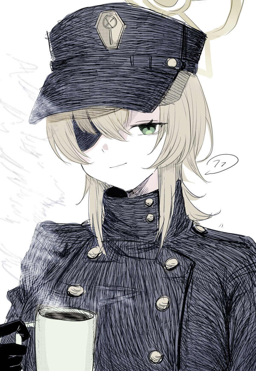 1girl absurdres black_coat black_hat blue_archive buttons coat cup double-breasted eyepatch green_hair green_halo halo hat highres kenkenkenjaa mug one_eye_covered peaked_cap simple_background solo suou_(blue_archive) turtleneck upper_body white_background