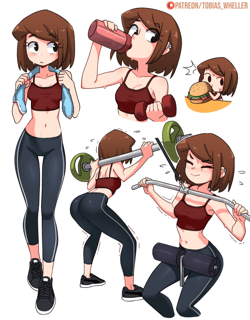 1girl ^^^ absurdres artist_name ass averting_eyes barbell bare_shoulders black_eyes black_footwear black_pants blush bob_cut bottle breasts brown_hair burger cassie_(tobias_wheller) chibi cleavage closed_eyes closed_mouth drink drinking dumbbell eating embarrassed exercise_machine exercising flying_sweatdrops food from_behind highres holding holding_bottle holding_drink holding_food looking_at_viewer looking_to_the_side midriff multiple_views navel no_socks original paid_reward_available pants patreon_logo patreon_username red_sports_bra sesame_seeds shoes short_hair shoulder_blades simple_background single_vertical_stripe small_breasts sneakers solo_focus spandex sports_bra sweat sweatdrop table thigh_gap tobias_wheller towel towel_around_neck trembling v-shaped_eyebrows walking water_bottle weightlifting white_background