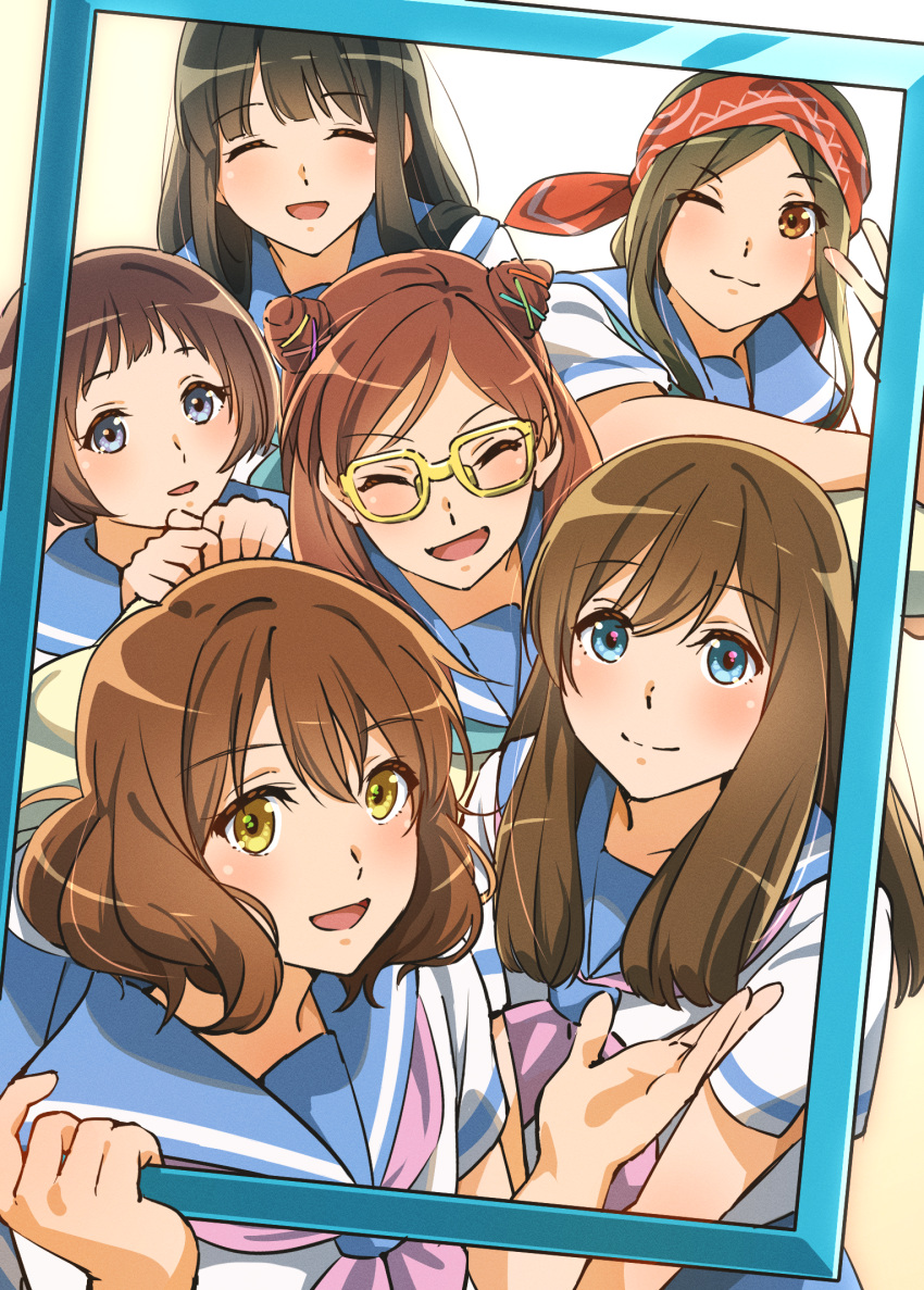 6+girls ^_^ bandana black_hair blue_eyes blue_sailor_collar blue_skirt blush brown_eyes brown_hair closed_eyes closed_mouth commentary_request cone_hair_bun fuyuhino glasses hair_bun hibike!_euphonium highres hiraya_kaho kamaya_suzume kamiishi_yayoi kitauji_high_school_uniform kuroe_mayu long_hair multiple_girls neckerchief one_eye_closed open_mouth oumae_kumiko purple_neckerchief red_bandana sailor_collar school_uniform serafuku shirt short_hair short_sleeves sidelocks skirt white_shirt yellow-framed_eyewear yellow_eyes yoshii_sari