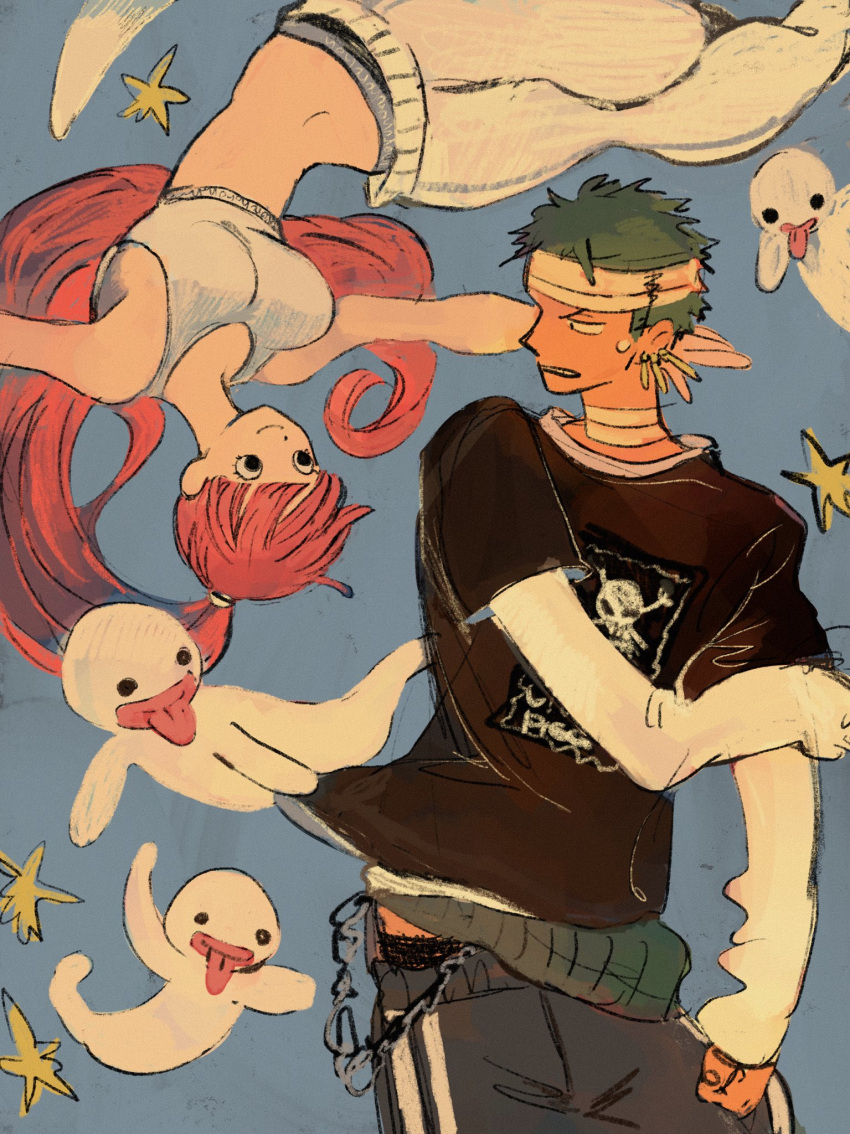 1boy 1girl bandaged_head bandaged_neck bandages black_shirt blue_background blunt_bangs chain commentary earrings floating ghost green_hair haramaki highres jewelry looking_at_another makenevemoiine one_piece pants perona pink_hair roronoa_zoro shirt short_hair smile sports_bra star_(symbol) tongue tongue_out track_pants twintails upper_body