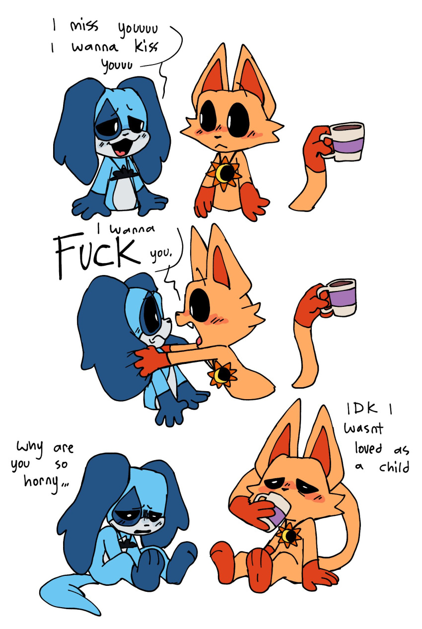 anthro beverage blue_body blue_fur blush canid canine canis coffee dialogue domestic_cat domestic_dog duo fan_character felid feline felis fur hi_res male mammal orange_body orange_fur pachi_rizuu screaming shocked shocked_expression simple_background surprise