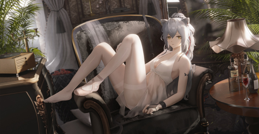 1girl absurdres alternate_costume animal_ears arknights armchair black_gloves bottle breasts candlestand cat_ears cat_girl chair cleavage cup dress drinking_glass fingerless_gloves flats full_body gloves grey_hair hair_between_eyes highres indoors lamp lampshade ling_dianxia looking_at_viewer pantyhose parted_lips phonograph plant ponytail potted_plant schwarz_(arknights) shoes single_shoe sitting small_breasts solo table thighband_pantyhose thighs white_dress white_footwear white_pantyhose wine_glass yellow_eyes